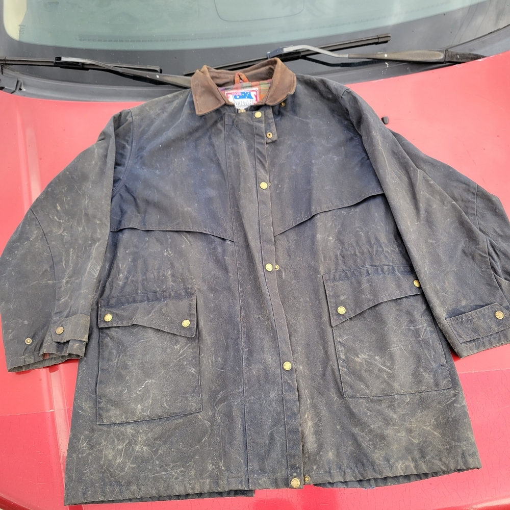 KOOLAH waxed cotton KENNEBUNK Mid Length COAT Blue Flannel LINED mens xlarge